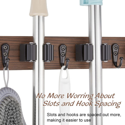 Mop and Broom Holder Wall Mount - Rustic Wood Broom Mop Hanger - Wall Mounted Garden Tool Rack Organizer for Closet Garage Laundry Room Kitchen Decor With 4 Slots & 4 Hooks - Rayz Mart
