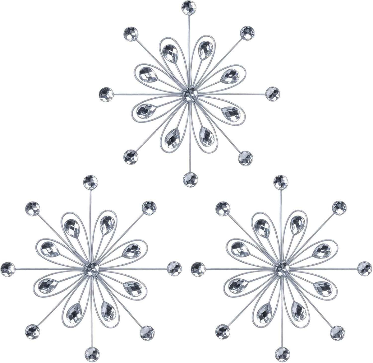 hogardeck Metal Flower Wall Decor, 11inch Silver Metal Jeweled Wall Art Bling Crystal Home Décor, Sun Burst Rhinestone Wall Hanging Diamond Accents for for Indoor, Outdoor, Living Room, Bedroom