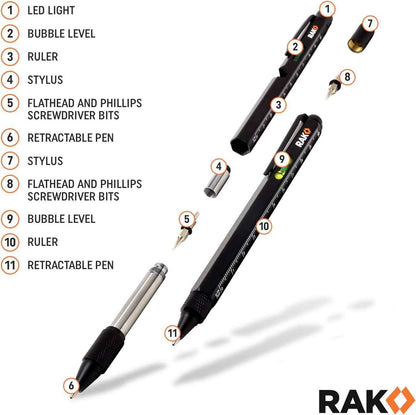 RAK Multitool Pen - Multi-Tool Pens, LED Light, Flathead, Phillips Screwdrivers, Level, Ruler, Bottle Opener, and Stylus. Cool Gadgets Gifts for Men, Dad, EDC Pen Tool, Gift-Ready Box, Pack of 2