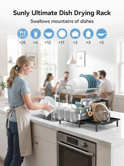 SUNLY 2 Tier Dish Drying Rack, Extra Large Dish Rack, Expandable Dish Racks for Kitchen Counter, Multifunctional Large Dish Drainers for Kitchen Counter, Black