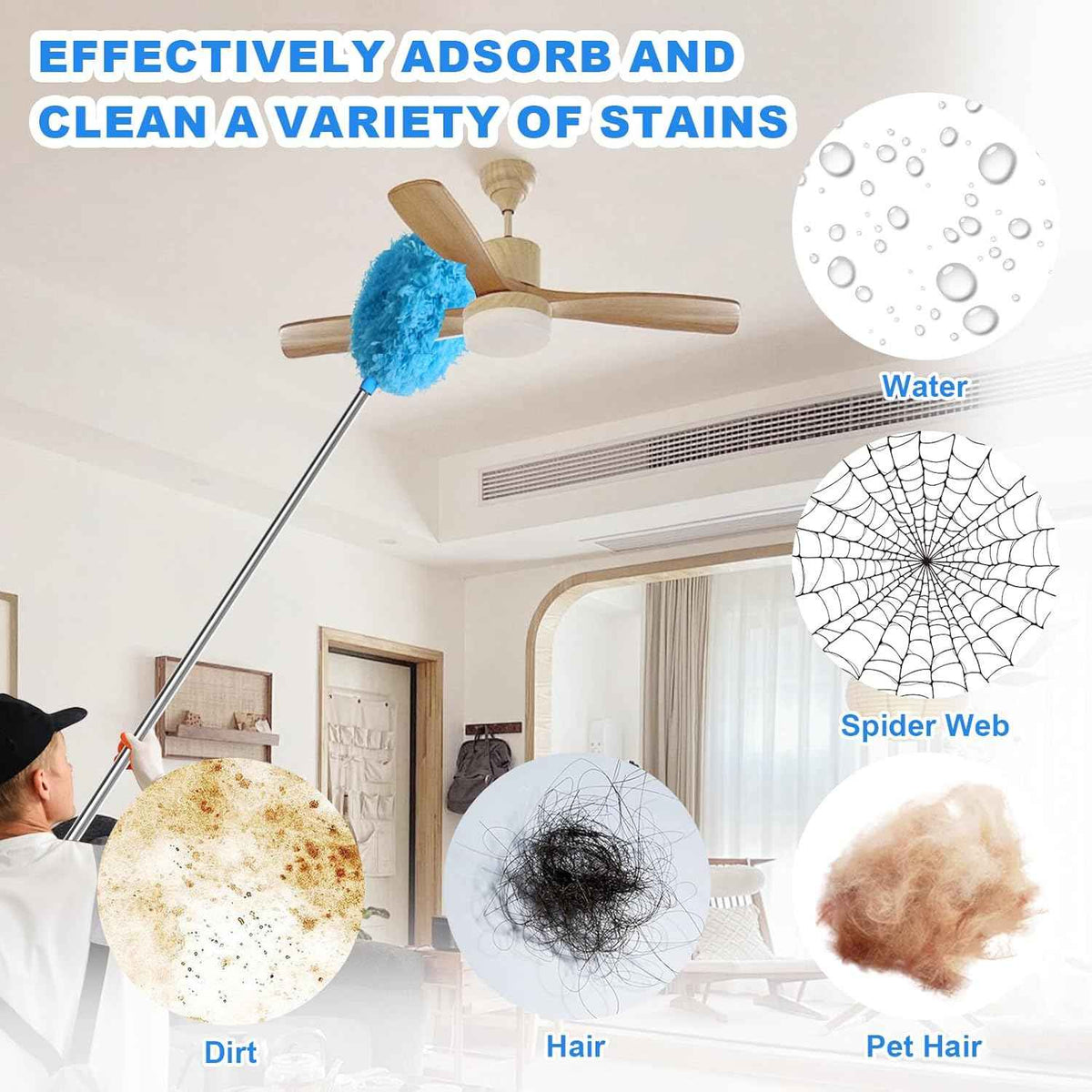 Storystore Ceiling Fan Cleaner Duster with Extension Pole, Adjustable from 13 to 49.7 Inches, Removable Fan Blade Cleaner (Blue)