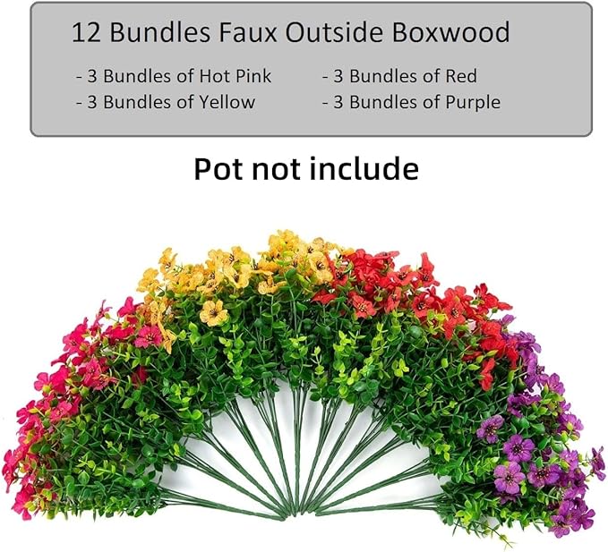 Artificial Flowers for Outdoor Indoor Garden Home Decoration, Faux Flower Daisy with Eucalyptus Leaves Fake Plants Greenery Boxwood Porch Patio, 12 Bundles (Mix Pink Red Purple Yellow) - Cart Shape