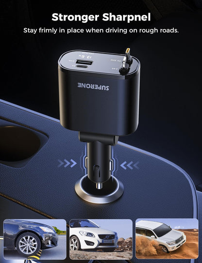 【Upgraded】 SUPERONE Retractable Car Charger 4 in 1, Fast Car Phone Charger with Cord 2.6ft, USB C and Apple Car Adapter, Compatible with iPhone 17 16 15/15 Pro Max/14/13/12/11, Galaxy, Pixel - Rayz Mart