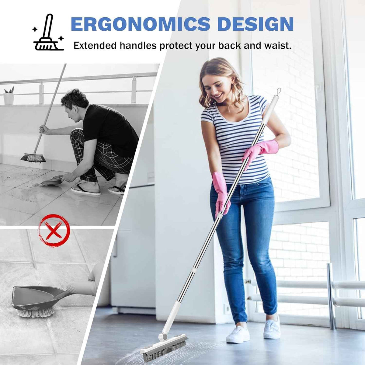 SetSail Grout Cleaner Brush with Long Handle, V-Shaped Floor Scrub Brush Swivel Grout Brush Stiff Bristle Floor Grout Scrubber for Bathroom, Tile Line, Crevice, Kitchen, Wall, Deck, Garage, White Grey