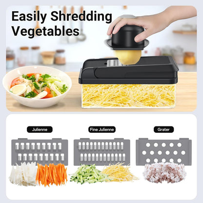 12-in-1 Vegetable Chopper, Kitchen Gadgets with 7 Blades, Veggie, Food, Onion Chopper, Cucumber Slicer, Versatile Mandoline, Includes Egg Separator & Finger Guard, Gray