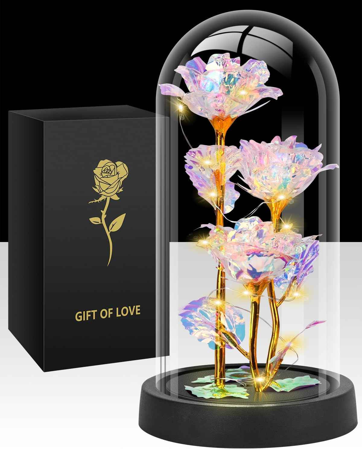 Valentines Day Rose Gifts for Her, Womens Gift for Birthday Gifts for Women Mom Wife Girlfriend, Light Up Rose in A Glass Dome, Rose Gifts for Valentines, Mothers Day, Womens Day (Red)