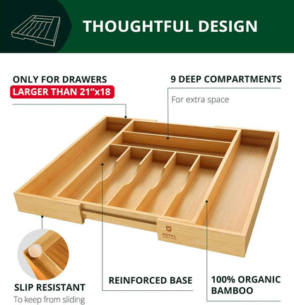 Royal Craft Wood Luxury Bamboo Kitchen Drawer Organizer - 9 Slot Silverware Organizer for Flatware, Utensil Holder & Cutlery Tray Drawer Dividers in Natural
