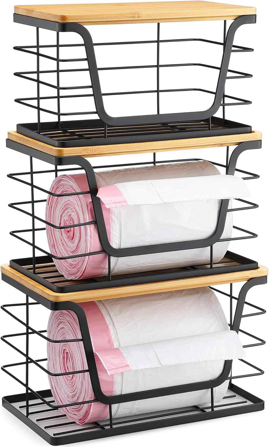 ALOCEO 2 Pack Storage Stackable Kitchen Laundry Organizers with Bamboo Top, Large Trash Bag Holder and Small Garbage Bag Dispenser for Countertop Organization