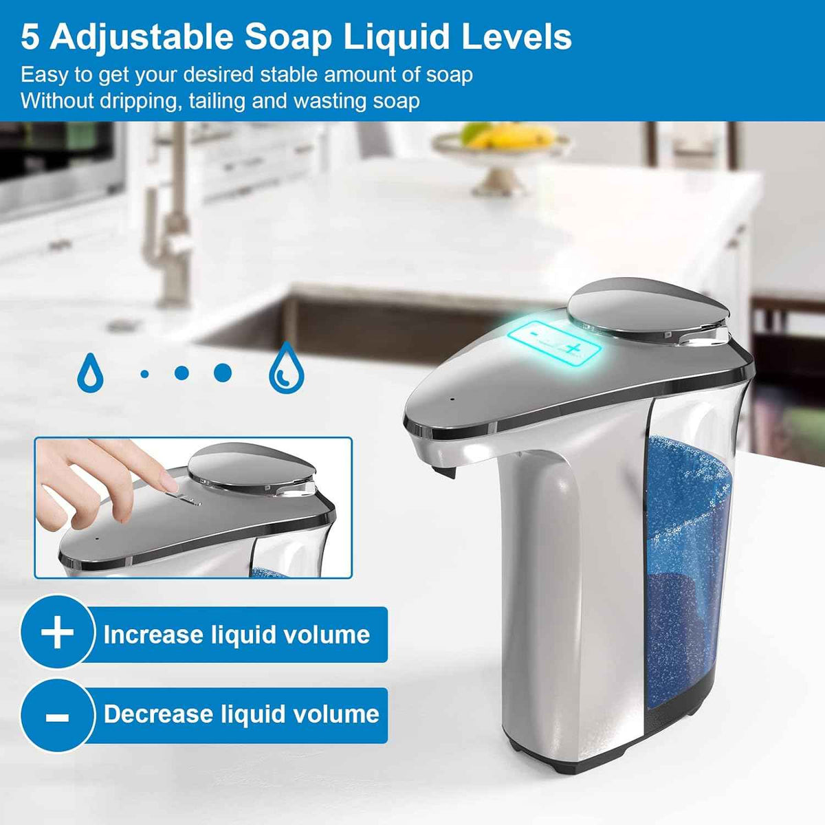 Automatic Soap Dispenser, Touchless Dish Soap Dispenser 17oz/500ml with Infrared Sensor, 5 Adjustable Soap Levels, Liquid Dispenser for Bathroom Kitchen (Silver)