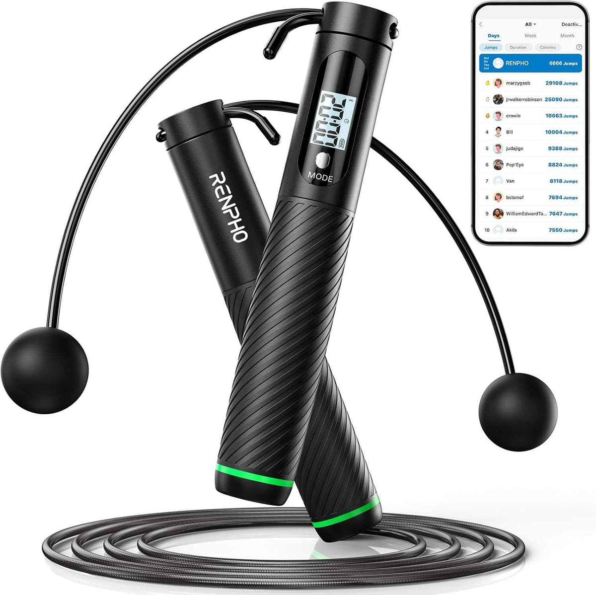 RENPHO Cordless Jump Rope, Weighted Jump Rope with Counter, Jump Ropes for Fitness, Smart Skipping Rope for Crossfit, Gym, Burn Calorie, APP Data Analysis, at-Home-Workout for Women Men Adult Kids