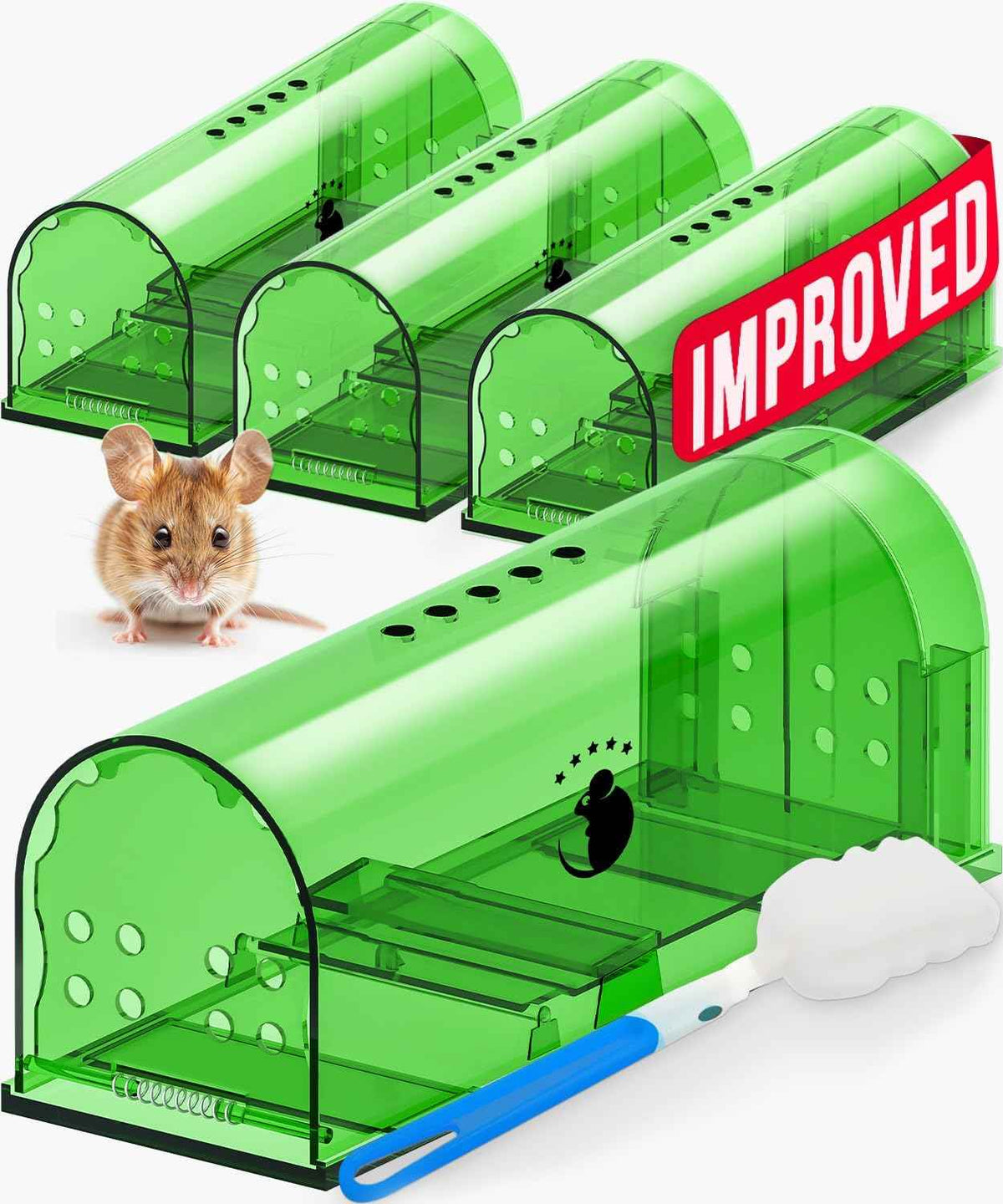 Motel Mouse Humane Mouse Traps No Kill Live Catch and Release 4 Pack - Reusable, Easy to Use & Clean, No Touch Release, Sensitive Includes Cleaning Brush, Instruction Manual & Video - Mousetrap Indoor