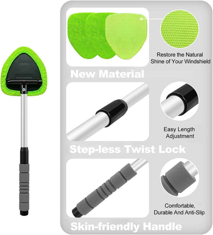 XINDELL Windshield Cleaner Tool – Car Interior Window Cleaning Kit with Extendable Handle & 4 Microfiber Pads, Auto Wiper Inside Windshield Brush for Car & Home Windows