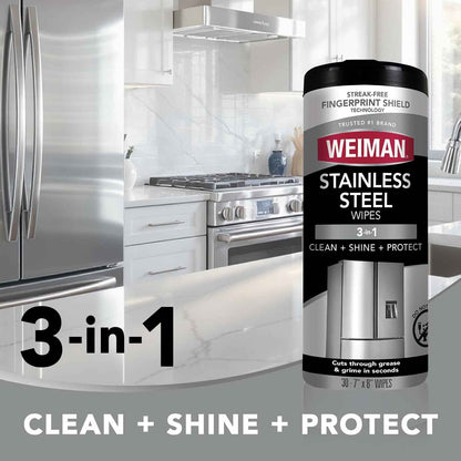 Weiman Stainless Steel Cleaner, 30 Count Cleaning Wipes, Removes Dirt, Grime, and Grease, No Streaks or Residue, Stainless Steel Polish for a Sparkling Clean and Shiny Surface, Cleaning Supplies