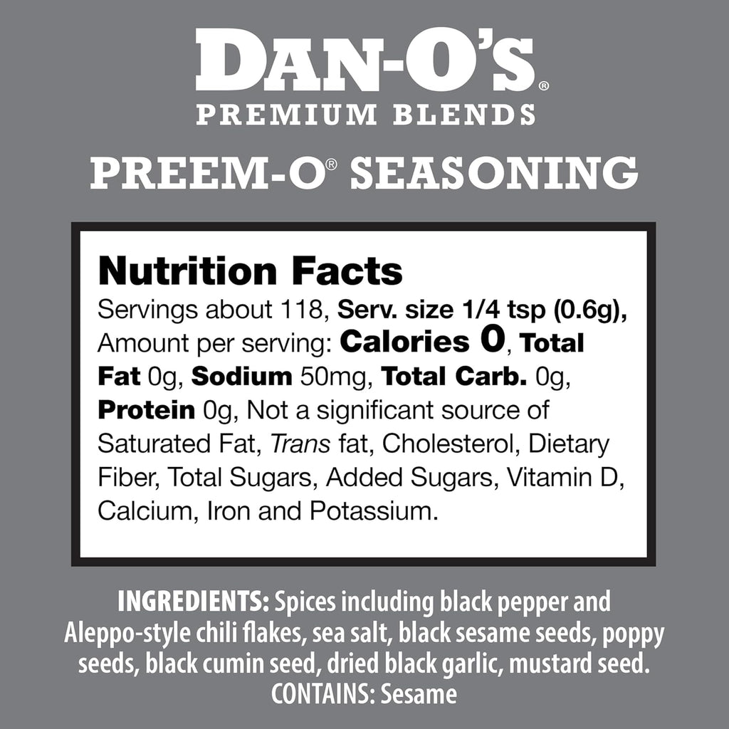 Dan-O's Preem-O Seasoning 2.5 oz, Meat Seasoning for Steak, Ribs, Chicken, Brisket, Sugar Free, Zero Calorie