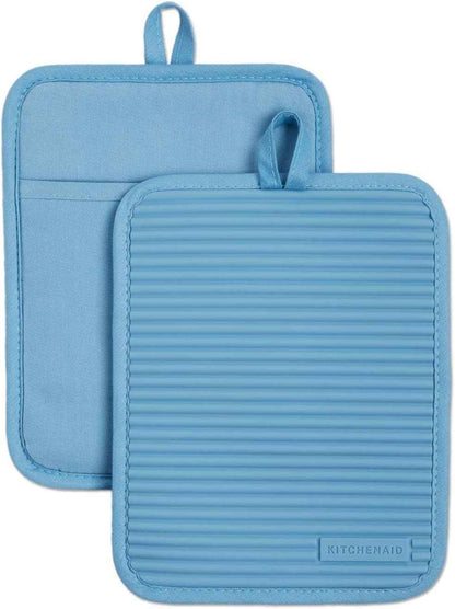 KITCHENAID Ribbed Soft Silicone Pot Holder 2-Pack Set, Matte Black, 7"x9"