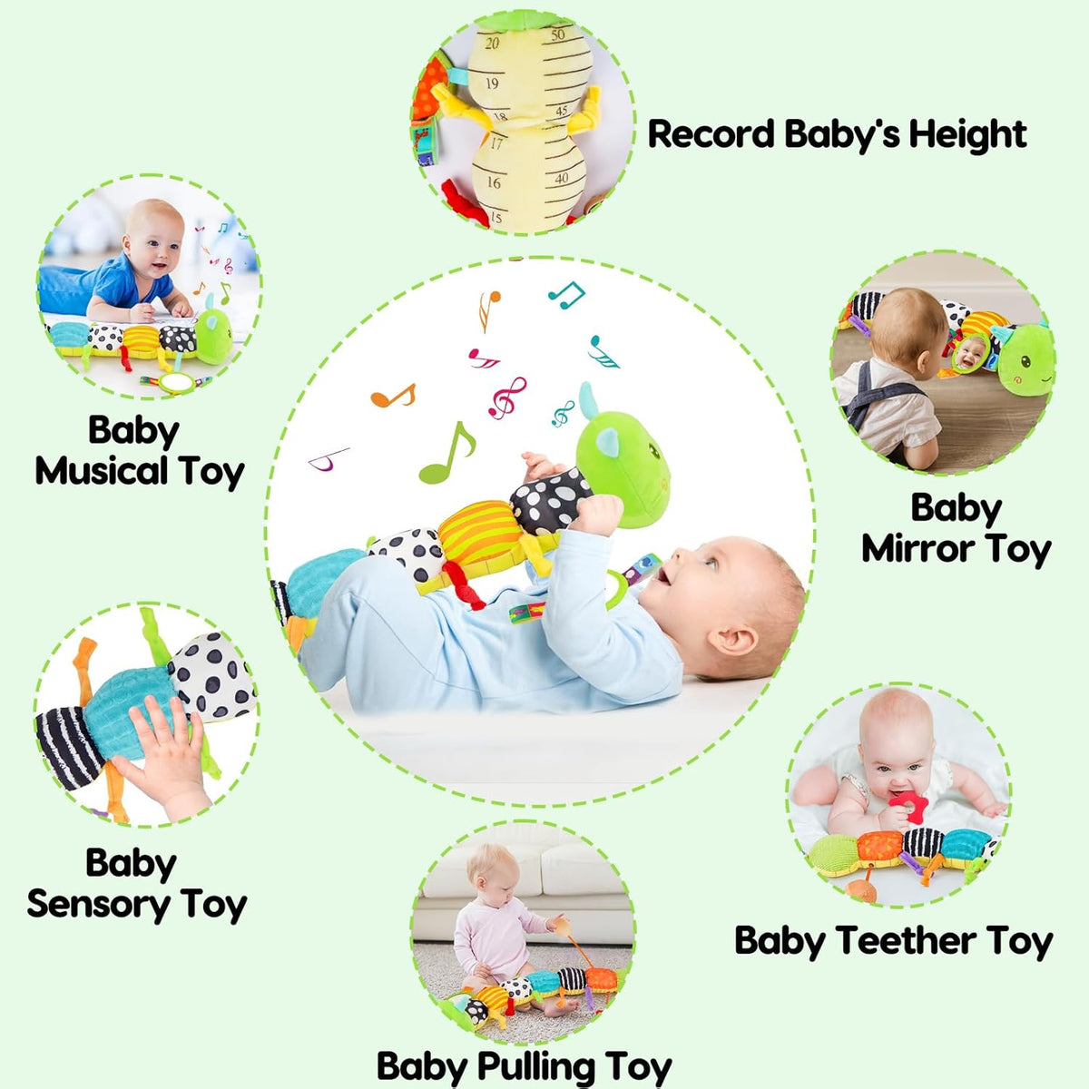 Baby Sensory Toy 0-6 Month Music Animal Stuffed Plush Caterpillar Toy for Infant 0-3-6-12 Month Old Tummy Time with Baby Mirror Crinkle Rattle Carseat Toys for Newborn Boys Girl Shower Gifts