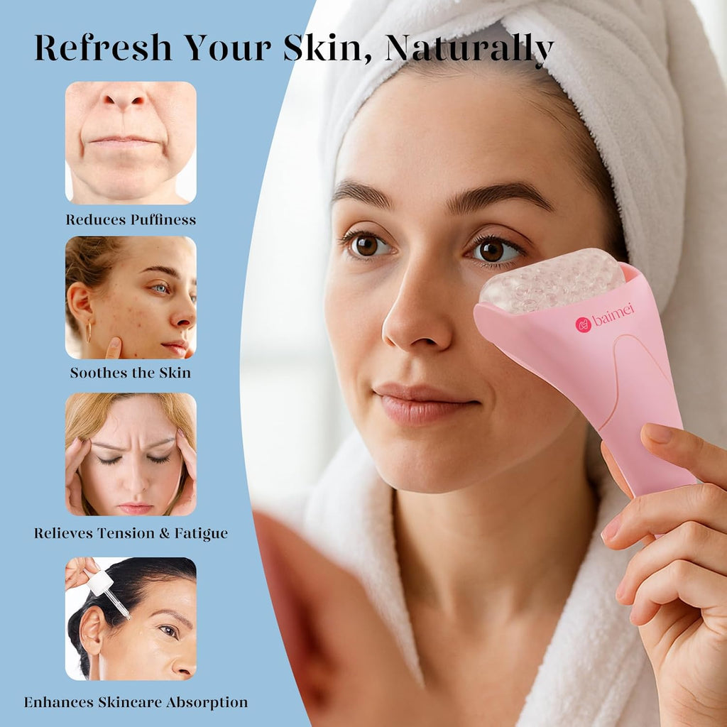 baimei icyme ice roller face gua sha tool set pink reduces puffiness migraines skin care