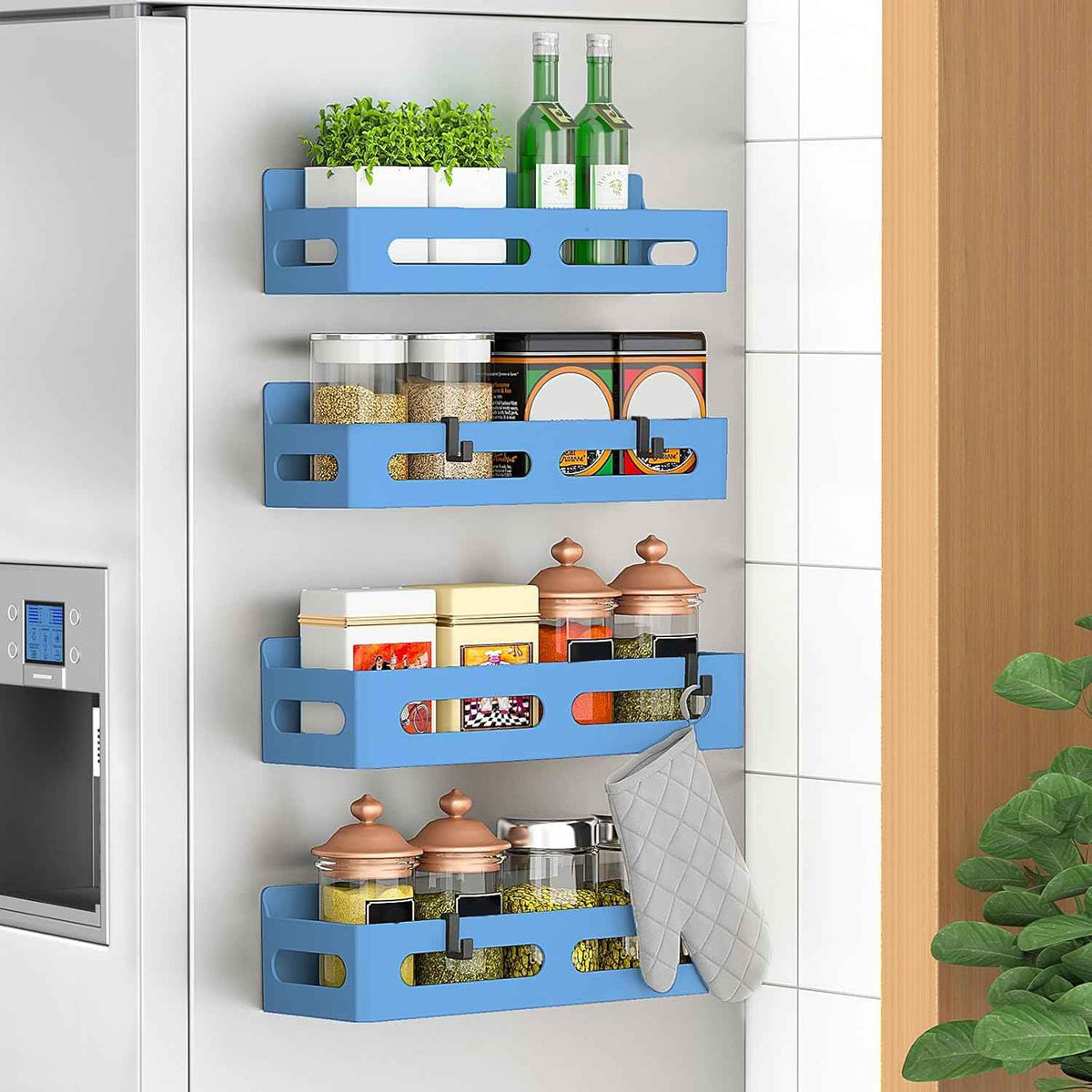 4 Pack Magnetic Spice Rack for Refrigerator, Spice Rack Organizer, Moveable Magnetic Shelf Fridge Organizer with 4 Hooks for Kitchen and Oven Organization, Black