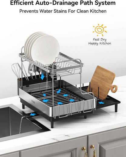 SUNLY 2 Tier Dish Drying Rack, Extra Large Dish Rack, Expandable Dish Racks for Kitchen Counter, Multifunctional Large Dish Drainers for Kitchen Counter, Black