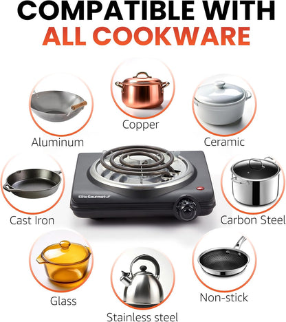 Elite Gourmet ESB100B Countertop Single Coiled Burner Electric Hot Plate, Temperature Control, Indicator Light, Easy to Clean, Black
