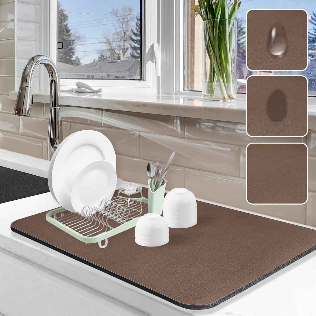 Dish Drying Mat for Kitchen Counter, 12"x19" Dish Drying Pad with Non-slip Rubber Backed, Hide Stain Anti Absorbent for Kitchen Counter, Drying Mat for Coffee Machine Dish Rack (Grey)