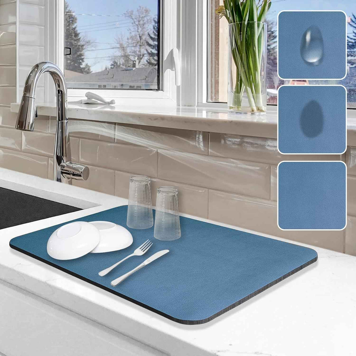 Dish Drying Mat for Kitchen Counter, 12"x19" Dish Drying Pad with Non-slip Rubber Backed, Hide Stain Anti Absorbent for Kitchen Counter, Drying Mat for Coffee Machine Dish Rack (Grey)