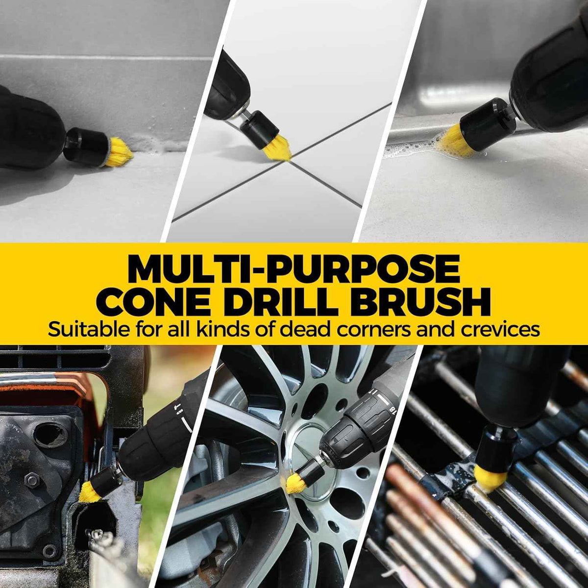 Holikme 6Pack Drill Brush Power Scrubber Cleaning Brush Extended Long Attachment Set All Purpose Drill Scrub Brushes Kit for Grout, Floor, Tub, Bathroom and Kitchen Surface,Scratch Brushes（Yellow）