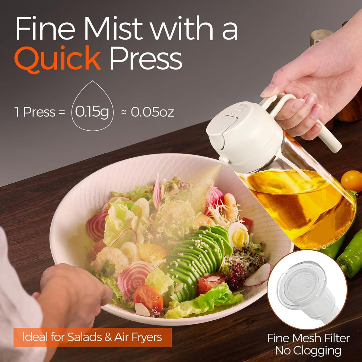 YARRAMATE 16oz/470ml Glass Olive Oil Sprayer for Cooking with Stickers, 2 in 1 Oil Dispenser for Kitchen Gadgets, Food Grade Premium Spray Bottle for Salad, Frying, BBQ (Creamy White)