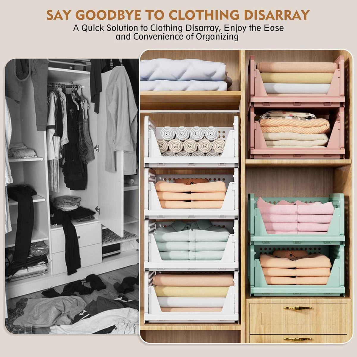 SNSLXH 5 Pack Stackable Closet Storage Basket, Multifunctional & Foldable Closet Organizer for Bathroom Kitchen Laundry Room Wardrobe Storage, Space-Saving Clothes Storage Drawer Organizer, White