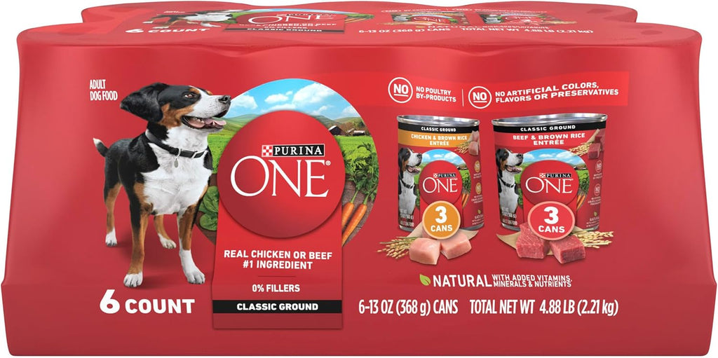 Purina ONE Classic Ground Chicken and Brown Rice, and Beef and Brown Rice Entrees Wet Dog Food Variety Pack, 6 count, 13 oz cans