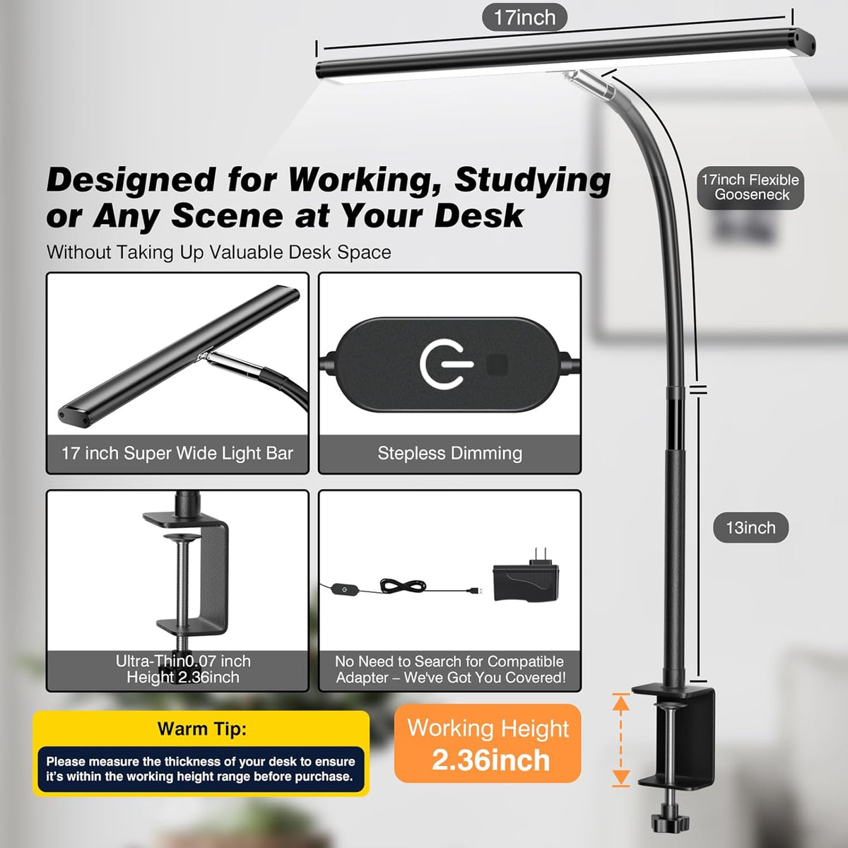 LED Desk Lamp for Office Home, Eye-Caring Desk Light with Stepless Dimming Adjustable Flexible Gooseneck, 10W USB Adapter Desk Lamp with Clamp for Reading, Study, Workbench (Black)