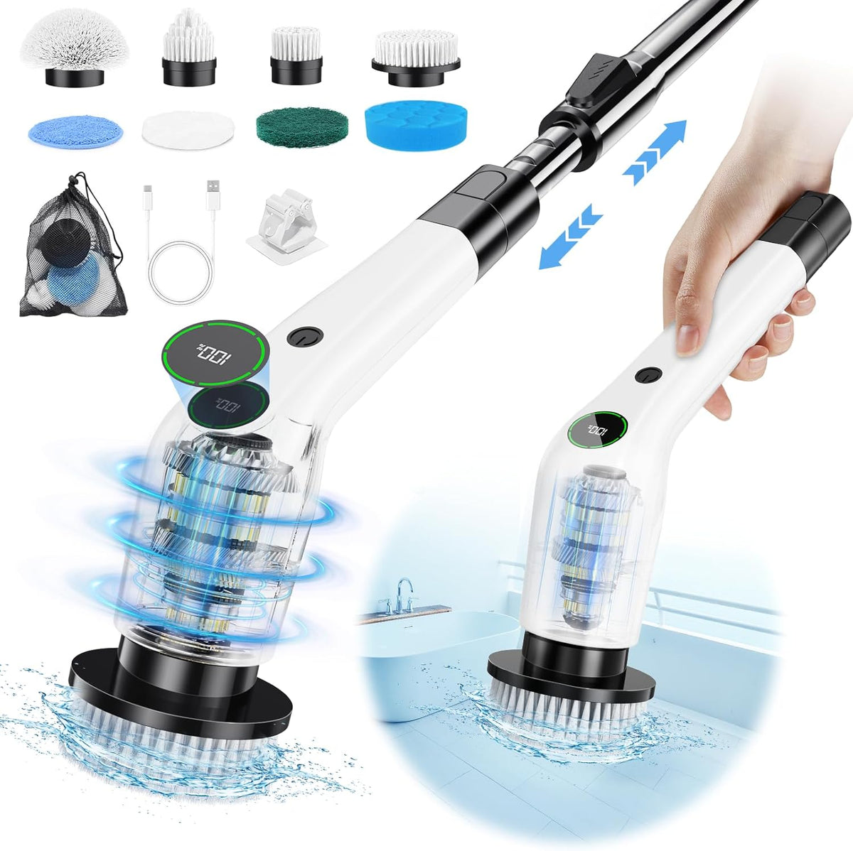 Electric Spin Scrubber, Cordless Shower Scrubber with 8 Scrub Brush, 2 Speed with Adjustable Extension Handle, Battery Level Display, Power Scrubber for Bathroom Bathtub Tile Floor (Black)