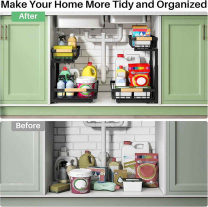 Under Sink Organizer, 2 Packs 2 Tier Under Sink Organizers and Storage, Slide out Pull out Cabinet Organizer Shelf, Metal Sliding Drawer for Kitchen Bathroom Pantry Cabinet Closet Organization Rack