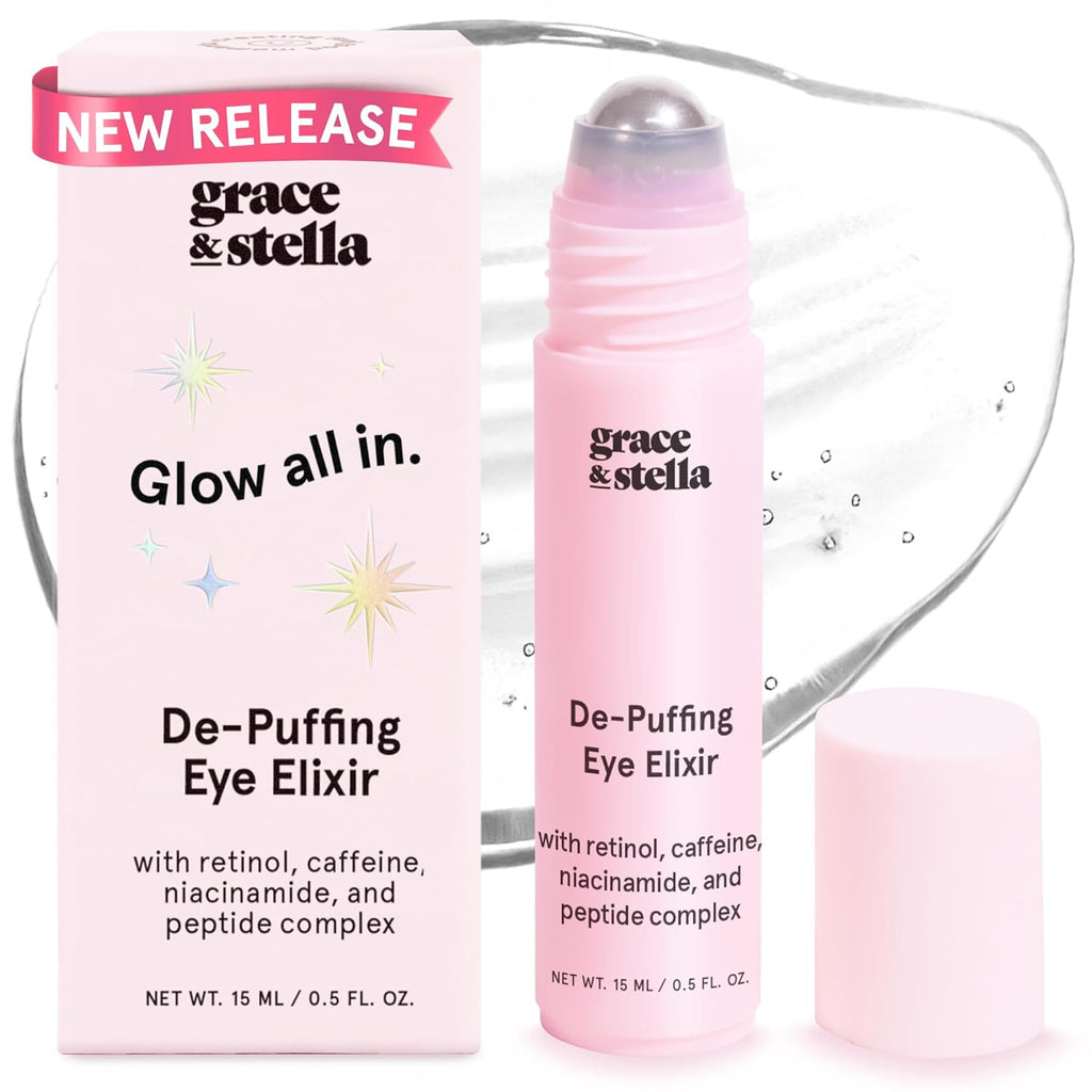 grace & stella Under Eye Brightener Roller - Travel Size Toiletries - Retinol Caffeine Eye Serum for Dark Circles Wrinkles 15ml