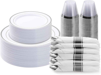 BESTVIP 700PCS Gold Plastic Dinnerware Set for 100 Guests, Disposable Plates for Party, Include: 200 Plastic Plates, 100 Pre Rolled Napkins with Gold Silverware, 100 Cups for Christmas, Halloween