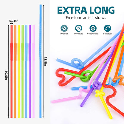 100PCS Flexible Plastic Straws, Colorful Disposable Bendy Party Fancy Straws12.8inch Extra Long Straws Party Decorations