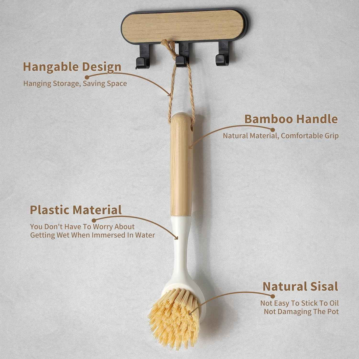 Dish Brush with Built-in Scraper - 4 Pack Bamboo Dish Scrubber Brush with Handle, Kitchen Brushes for Dishes & Pots, Sink, Eco Cleaning Tool Set