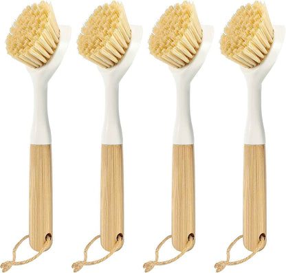 Dish Brush with Built-in Scraper - 4 Pack Bamboo Dish Scrubber Brush with Handle, Kitchen Brushes for Dishes & Pots, Sink, Eco Cleaning Tool Set
