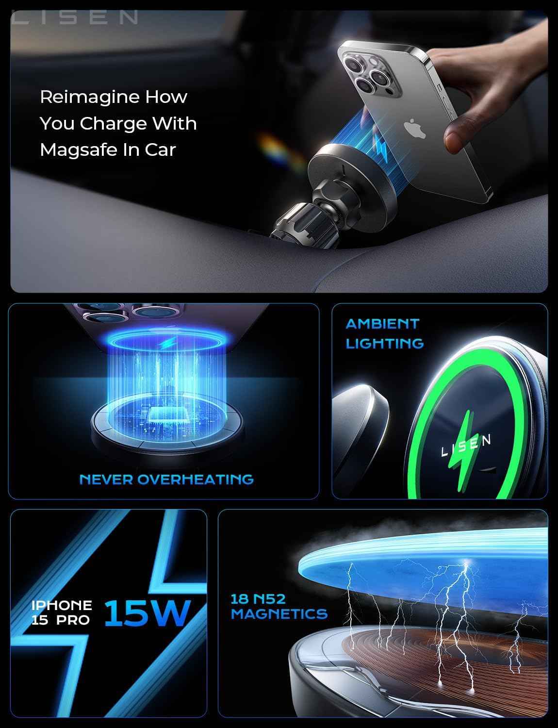 LISEN for 15W MagSafe Car Mount Charger,Magnetic Wireless Cars Charger,Magnetic Phone Holder for Cars,Phone Holders for Your Car Accessories for Men Women Jeep Ford F150 for iPhone 17-12,Samsung,Pixel