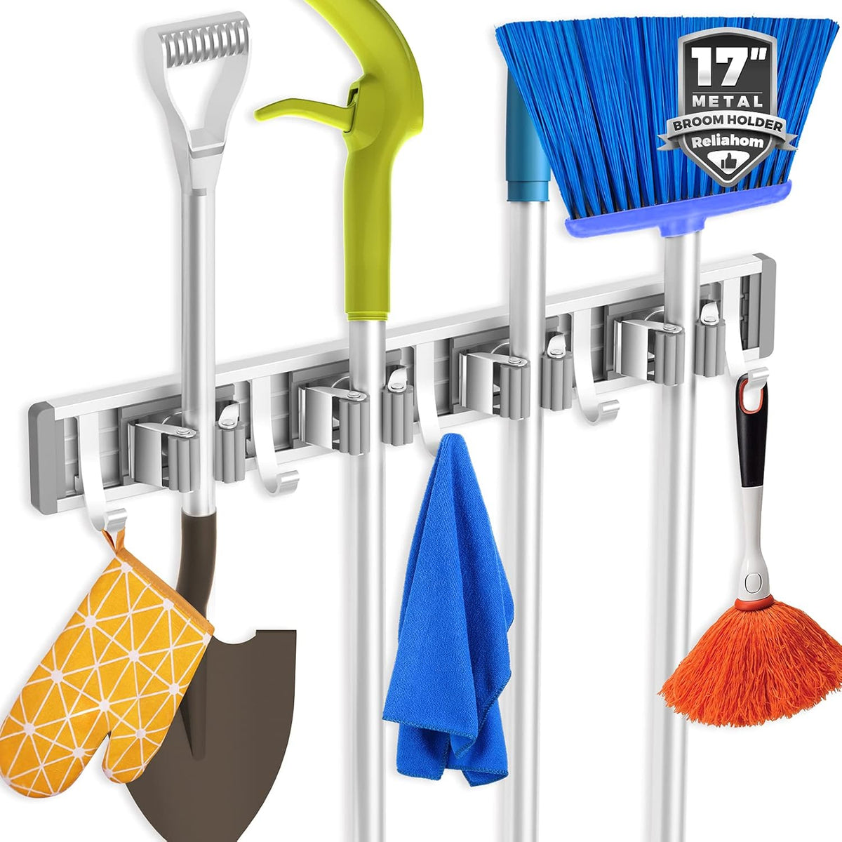 reliahom Adjustable Broom Holder Wall Mount, Mop Storage Tool Racks, Broom Hanger Tool Organizer for Garage, Kitchen, Garden, Laundry Room, 4 Racks 5 Hooks Silver
