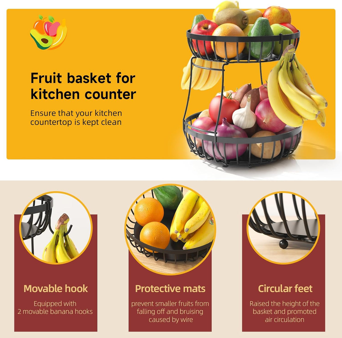 2 Tier Large Fruit Basket for Kitchen Counter with 2 Banana Hangers, Metal Stackable Fruit Bowl for Kitchen Counter for Bread Vegetable Fruits, Black