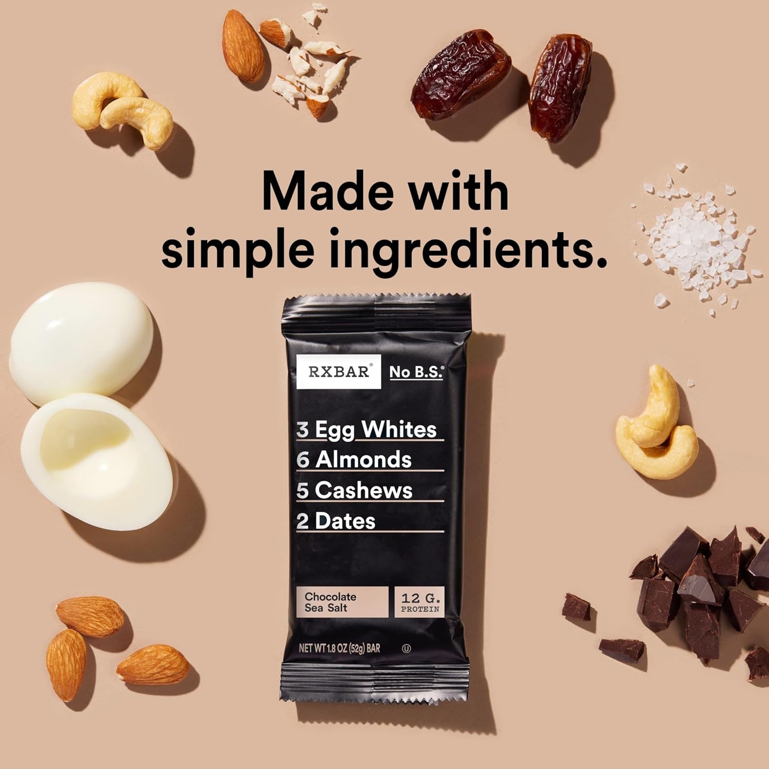 RXBAR Chocolate Sea Salt Protein Snack Bars, 18.3oz Box (10 Count), Gluten Free, 12g Protein
