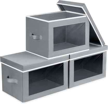 Storage Bins with Lids - Fabric Closet Storage Bins with Window, Collapsible Baskets for Shelves 4 Pack, Home Decorative Boxes for Clothes, Closet, Office, Grey