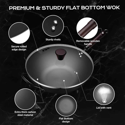 Wok, 13 Inch carbon steel woks & stir-fry pans nonstick, Pre-Seasoned 5.8QT Flat Bottom Chinese Wok Paella Pan with lid, Carbon Steel Cookware, Compatible with All Cooktops