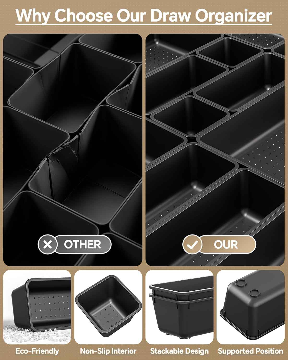 25 PCS Plastic Drawer Organizers Set, 4 Sizes Vanity Organizer, Makeup and Desk Drawer Organizer Trays, Organization and Storage for Makeup, Bathroom, Kitchen Utensils and Office (Black)