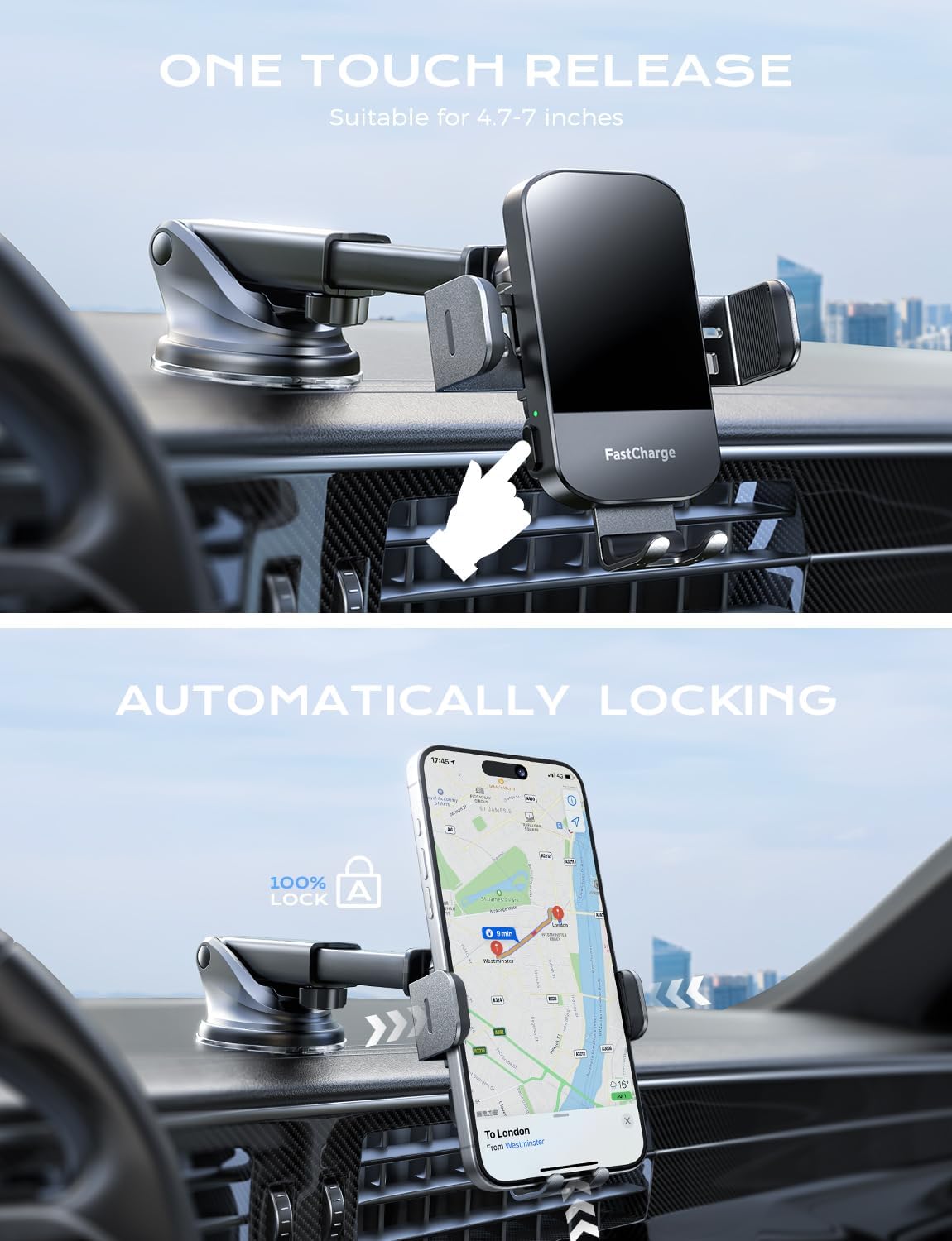 CHGeek Wireless Car Charger, 15W Fast Charging Auto Clamping Phone Holders for Your Car Phone Mount for Car fit for iPhone 17 16 15 14 13 12 Pro Max 11 XR XS, Samsung Galaxy S25 Ultra S24 S23, Black