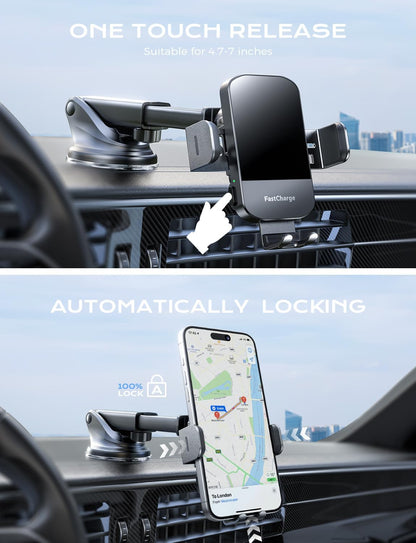 CHGeek Wireless Car Charger, 15W Fast Charging Auto Clamping Phone Holders for Your Car Phone Mount for Car fit for iPhone 17 16 15 14 13 12 Pro Max 11 XR XS, Samsung Galaxy S25 Ultra S24 S23, Black