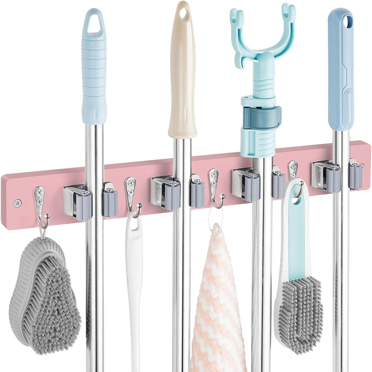 Mop and Broom Holder Wall Mount - Rustic Wood Broom Mop Hanger - Wall Mounted Garden Tool Rack Organizer for Closet Garage Laundry Room Kitchen Decor With 4 Slots & 4 Hooks - Rayz Mart