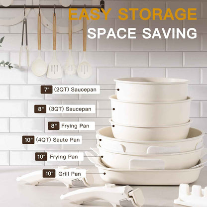 Astercook 23 Pcs Pots and Pans Non Stick Ceramic Cookware Set Detachable Handle, RV Stackable Kitchen Cooking Set Removable Handles, Oven Safe, Induction Ready, Cream White