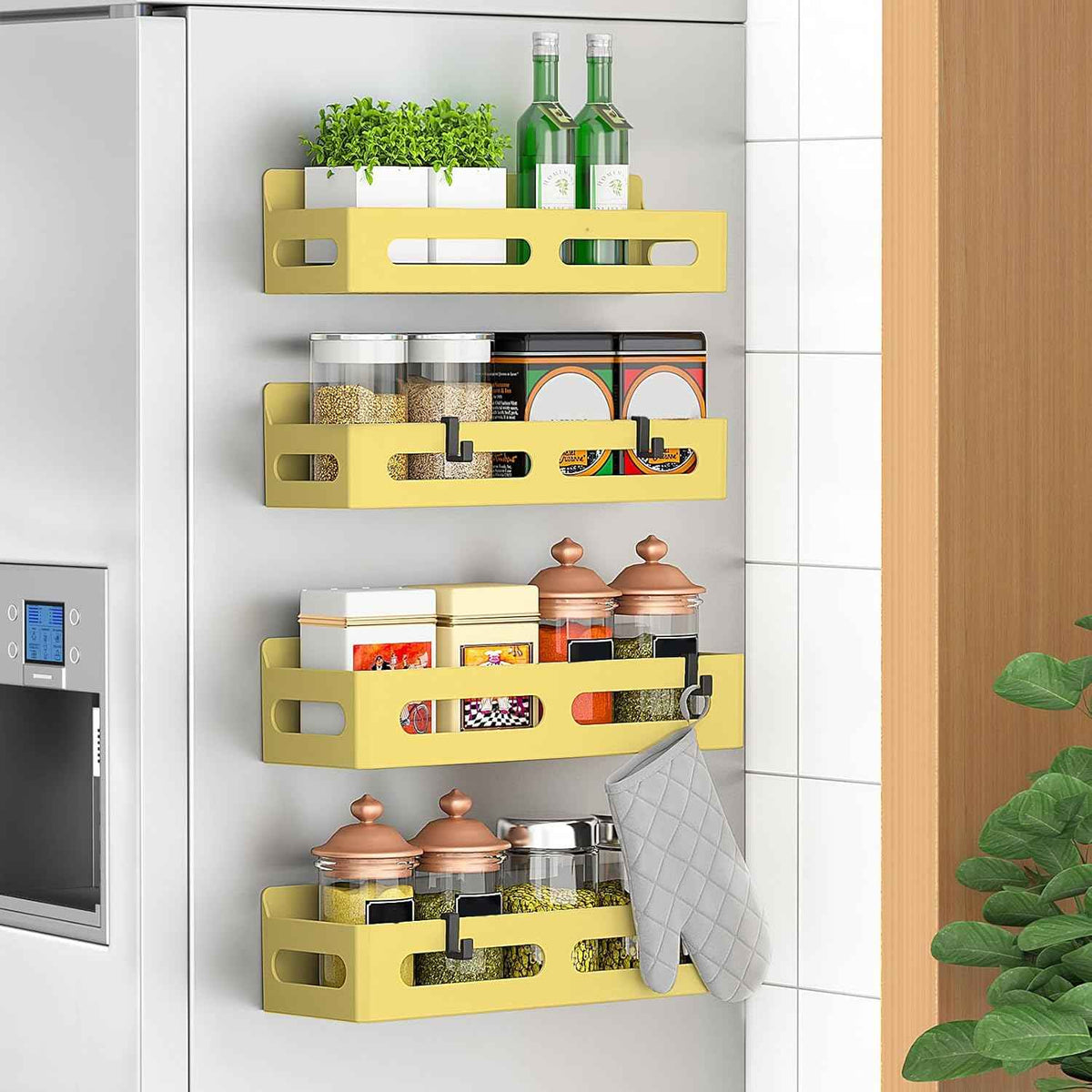 4 Pack Magnetic Spice Rack for Refrigerator, Spice Rack Organizer, Moveable Magnetic Shelf Fridge Organizer with 4 Hooks for Kitchen and Oven Organization, Black